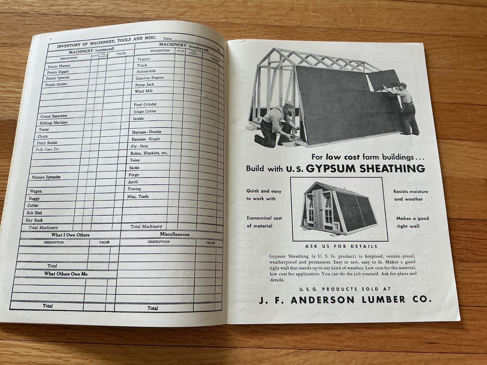 1949 Farm Acct. Record Book – J. F. Anderson Lumber Co. Minnesota, Iowa, Dakotas