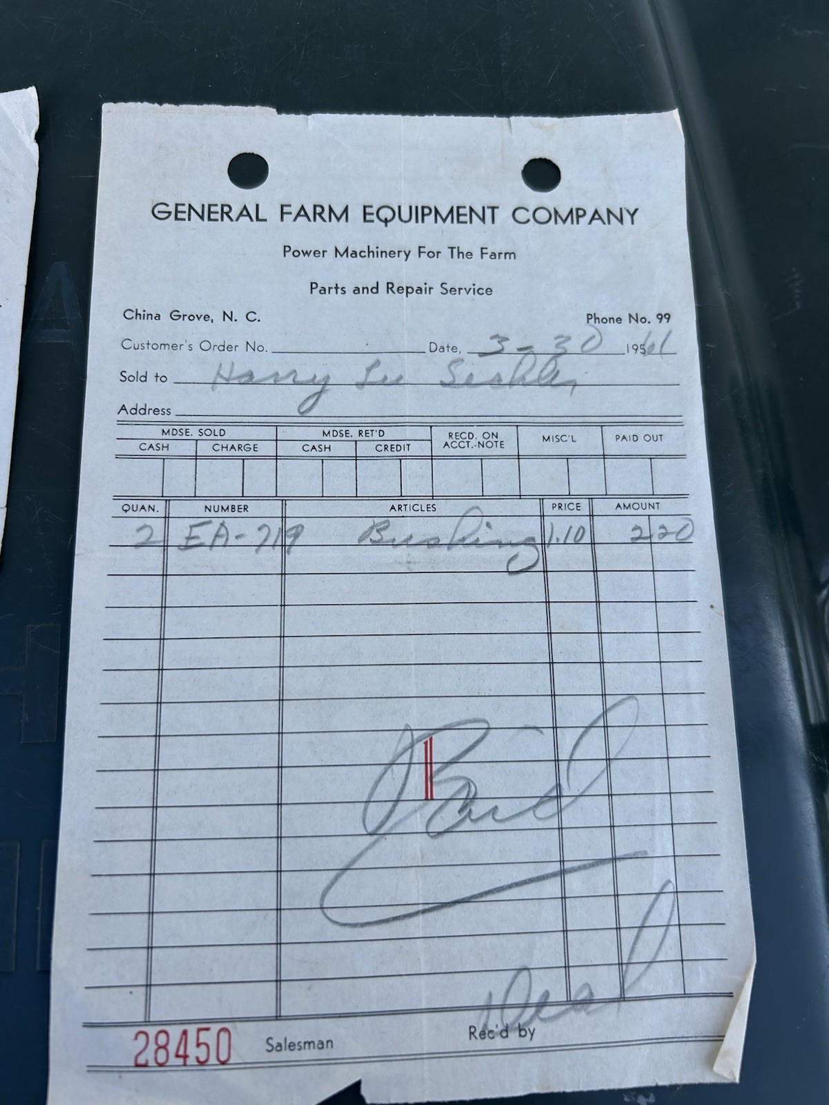 Vintage Invoices (2) Salisbury,NC China Grove, NC Farm Equipment 1950s