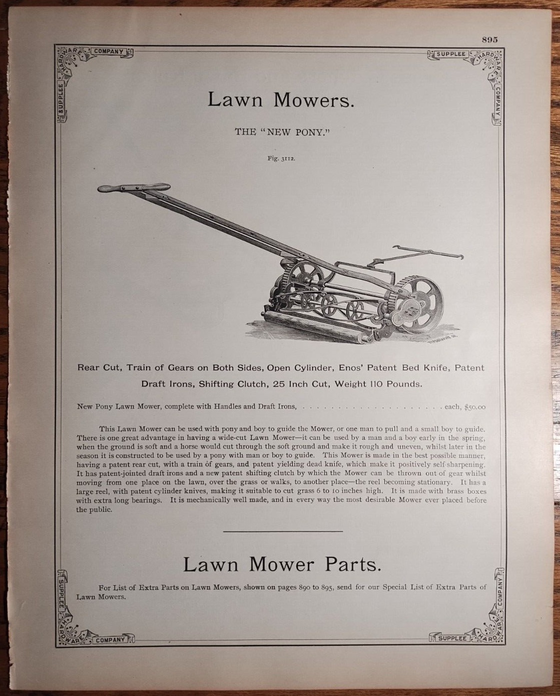 (4) 1893 Pennsylvania Reel Lawn Mowers Print Ads Catalog Pages Original AD-31