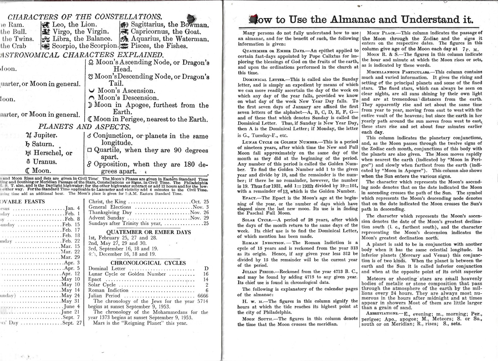 THEAGRICULTURAL ALMANAC FOR THE YEAR 1953, JOHN BAER&rsquo;S SONS, LANCASTER,PA.