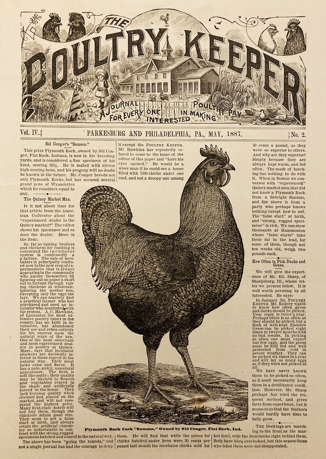 1887 AD.(XH80)~THE POULTRY KEEPER JOURNAL MAGAZINE COVER PG. (ONLY) MAY