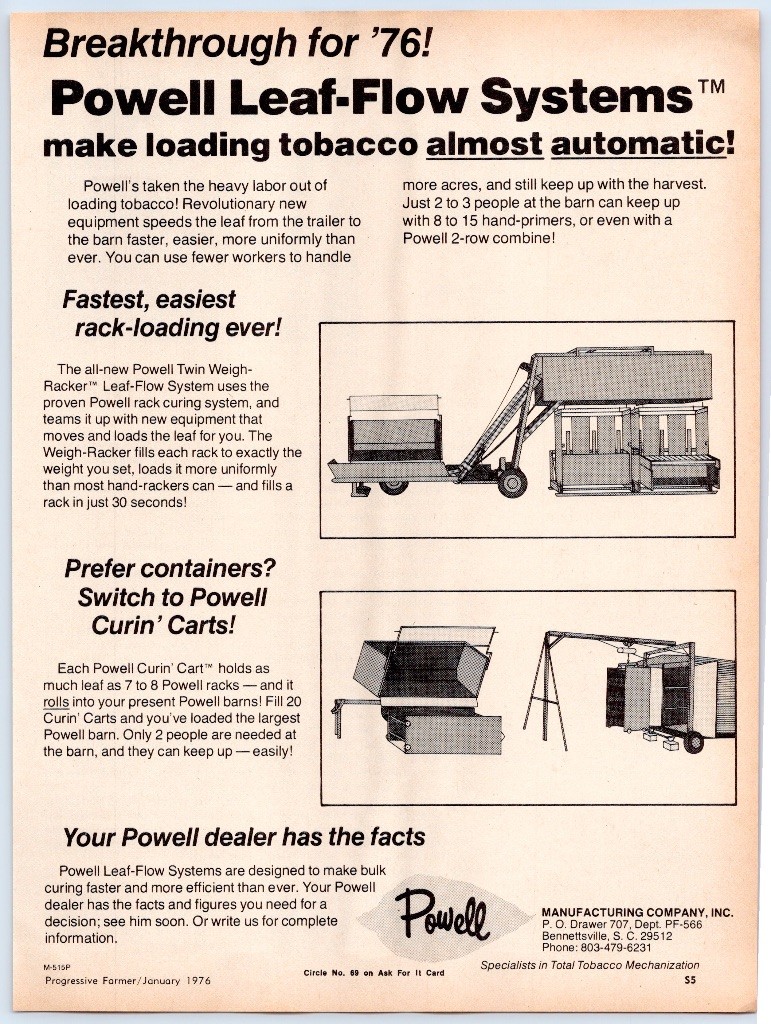 Powell Leaf-Flow Systems Tobacco Loading Bennettsville SC 1976 Print Ad