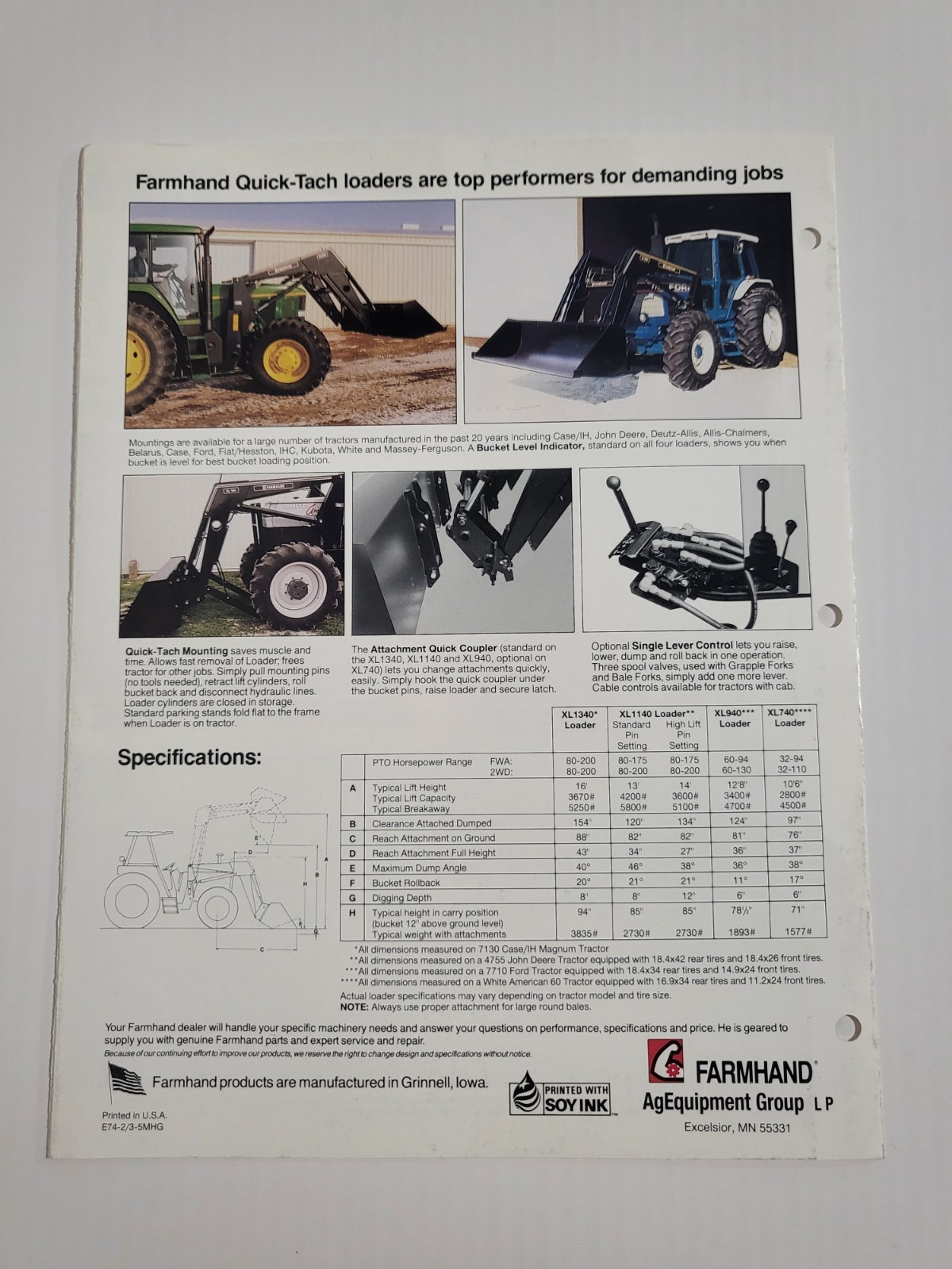 Vintage 1993? Farmhand Loader BROCHURE Models XL 1340 1140 940 740 Excelsior MN.