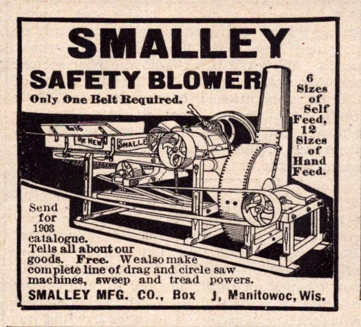 Smalley Safety Blower Manitowoc 1903 Vintage Print Ad Drag Circle Saw