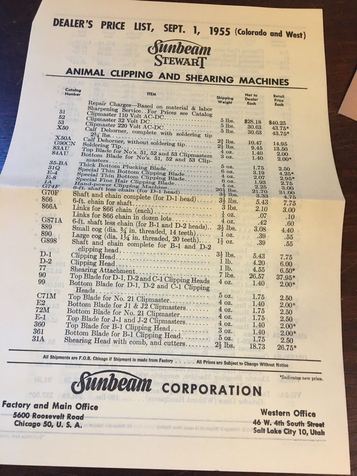 Sunbeam Stewart Shearing Equipment, 1955, Brochure, Letter, Price list