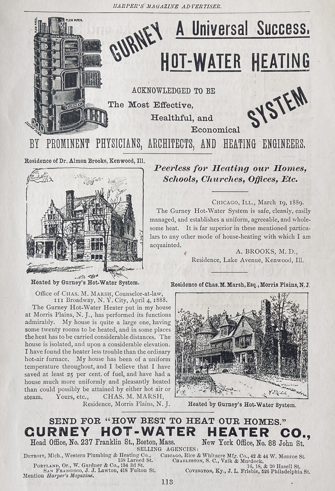 1889 AD(XH6)~GURNEY HOT-WATER HEATER CO. BOSTON. HOT WATER HOME HEATING SYSTEMS
