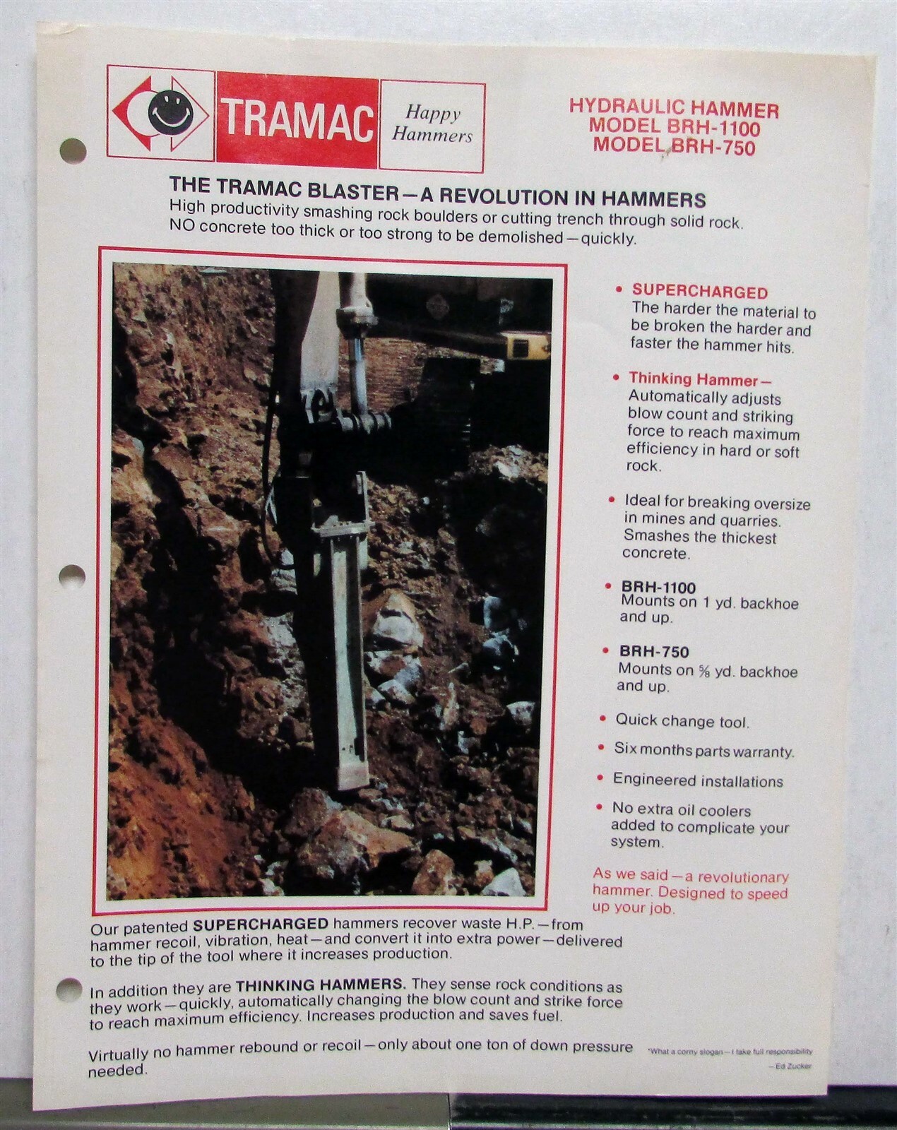 1970s Tramac Happy Hammers BRH-750 BRH-1100 Construction Sales Data Sheet