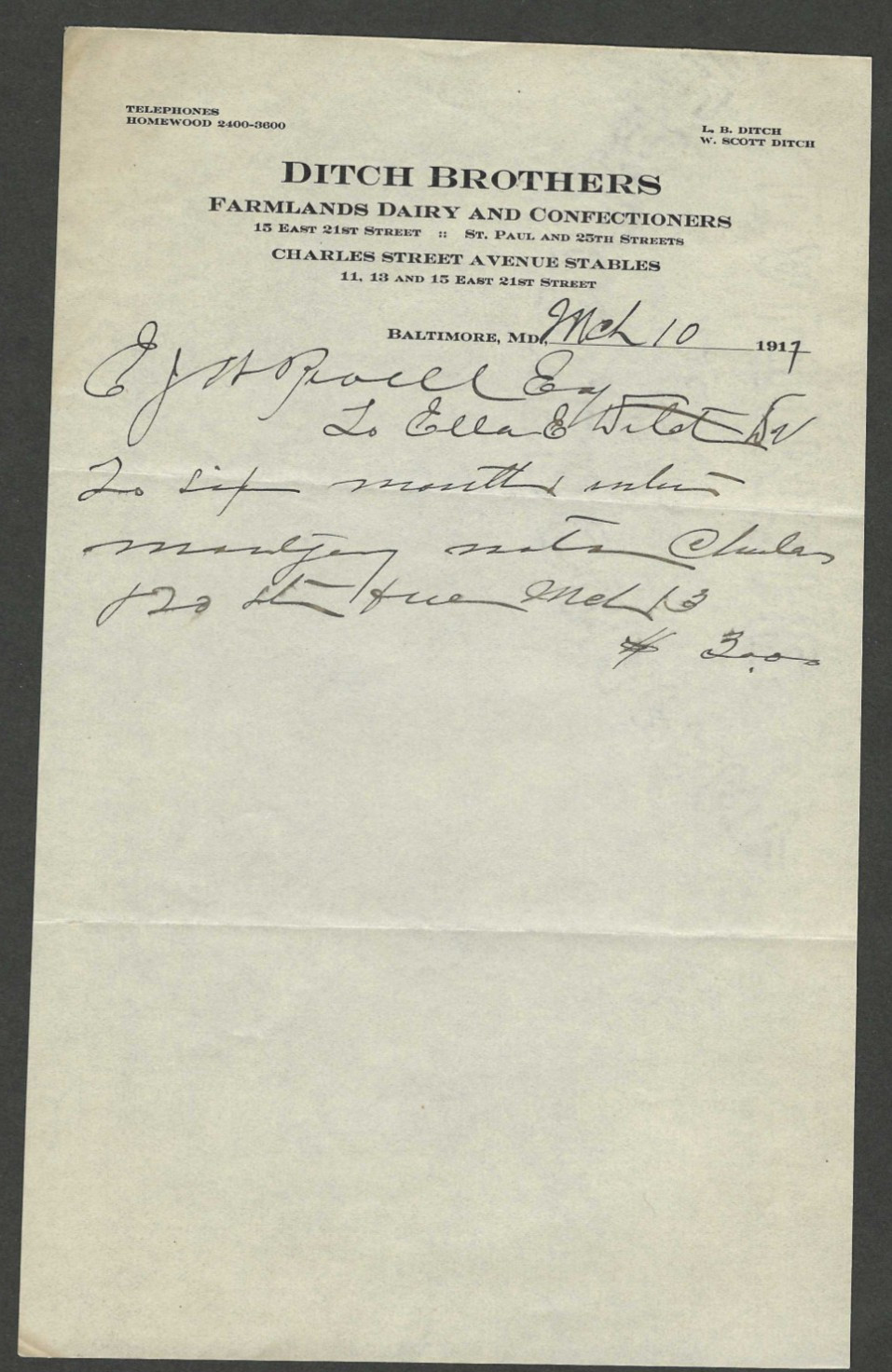 1917 Letterhead DITCH Brothers Farmland Dairy Confectioners Charles St Baltimore