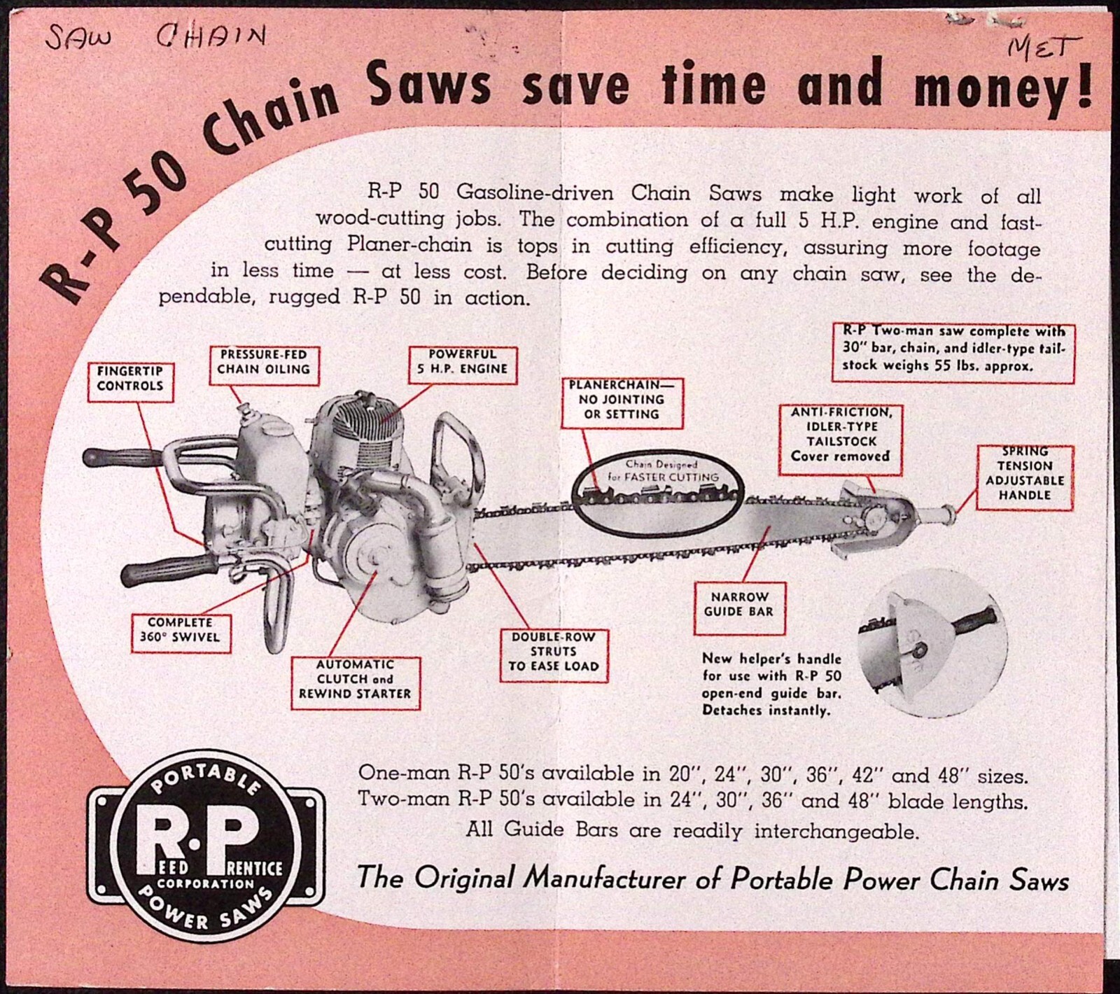 1952 Reed-Prentice R-P Model 50 5 HP Portable Chain Saws Brochure Worcester MA