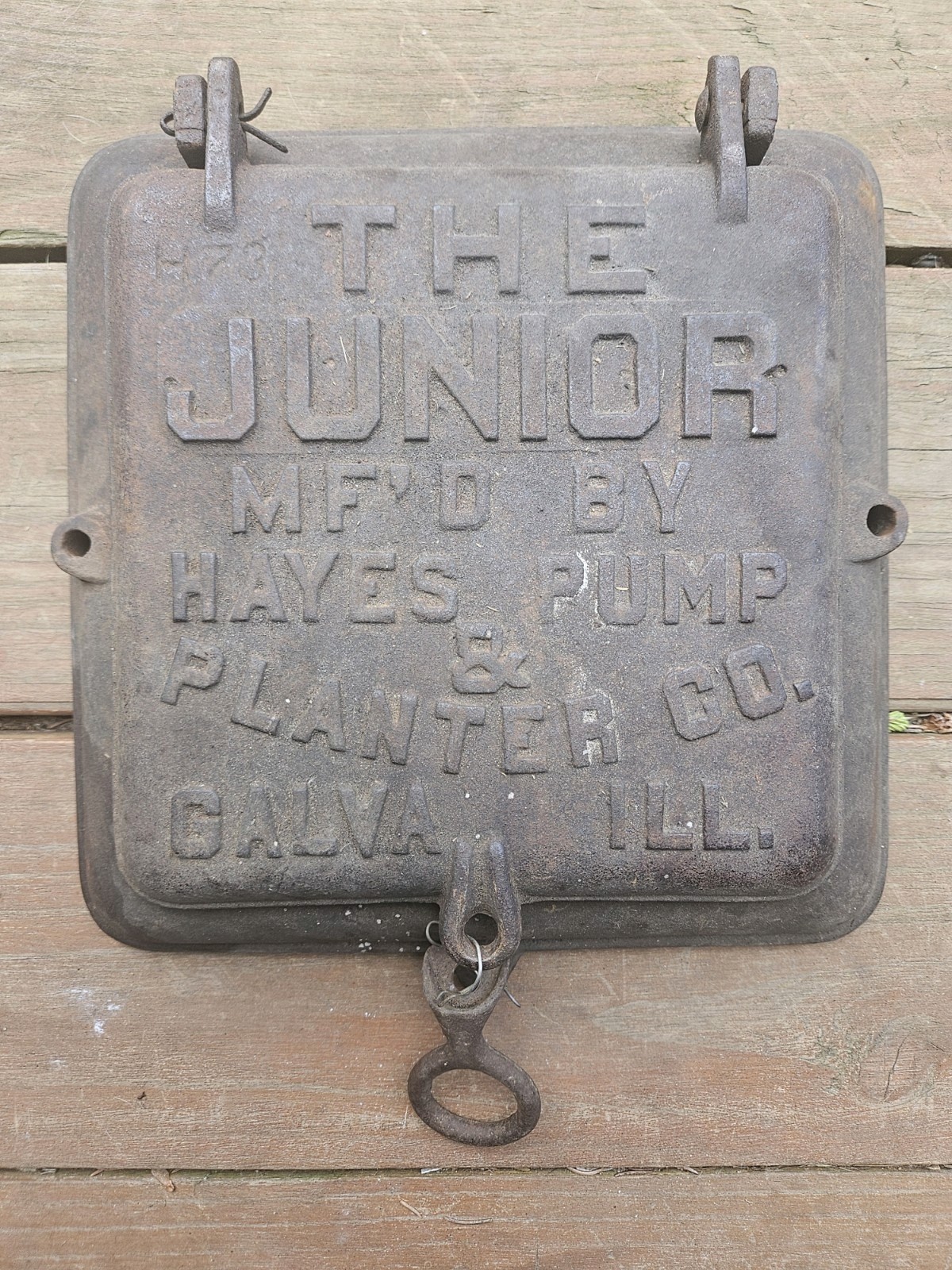 The Junior Hayes Pump Planter Cast Iron Lid for Corn Box Galva Illinois Vintage