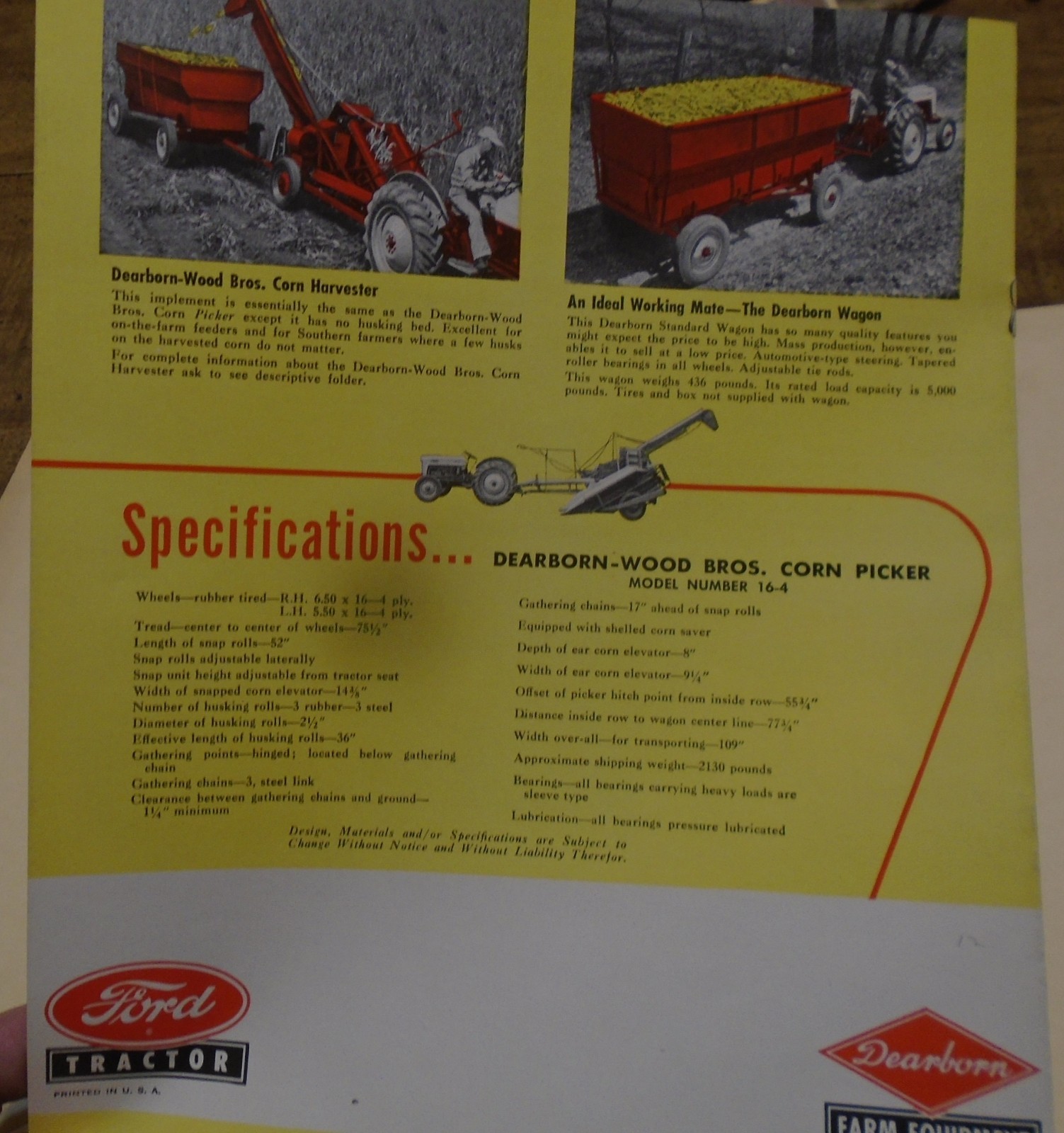 NOS Dearborn-Wood Bros. Corn Picker Sales Brochure Ford Tractor