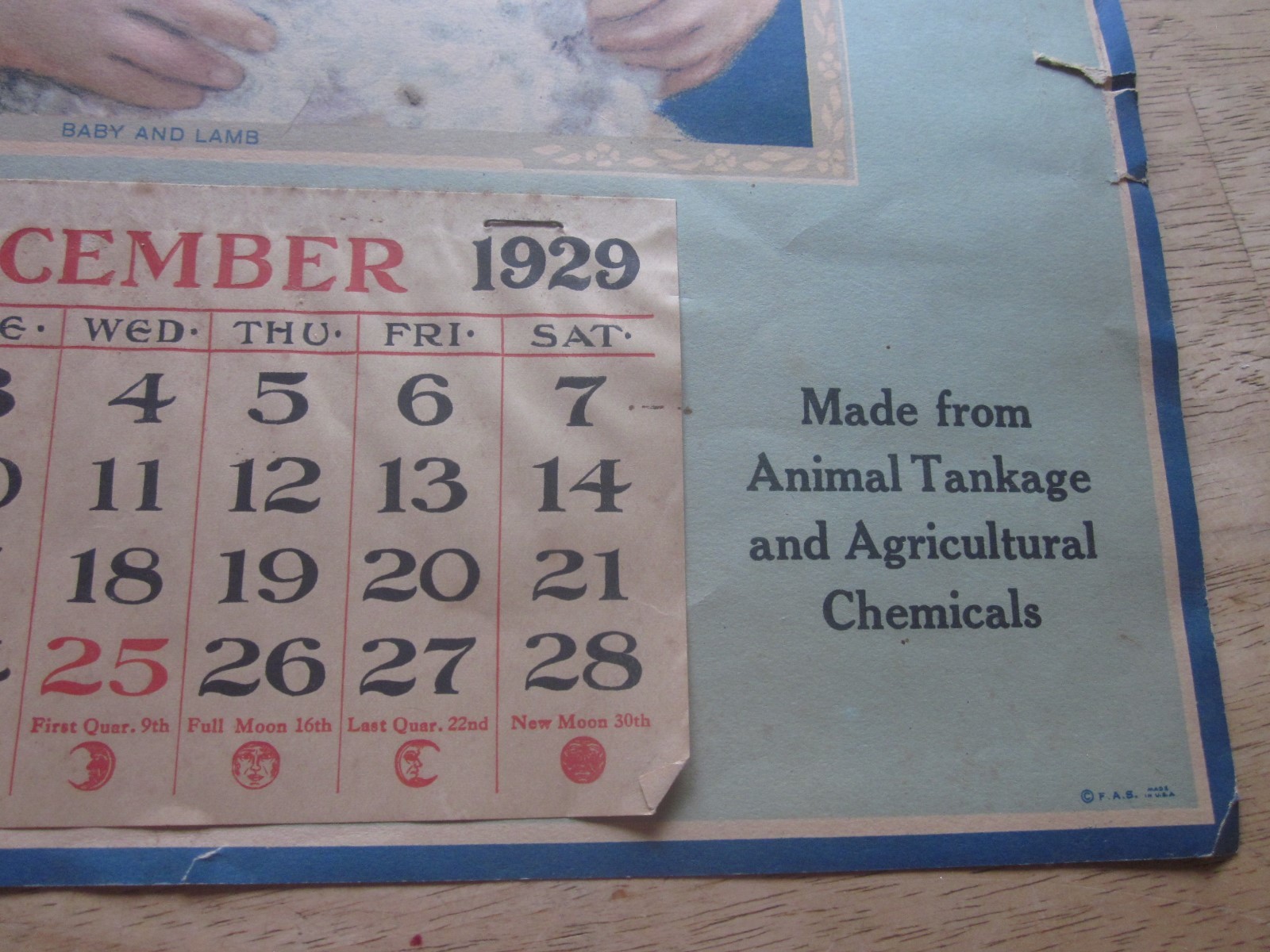 1929 Lowell Fertilizer Company Calendar Boston, MA baby & lamb