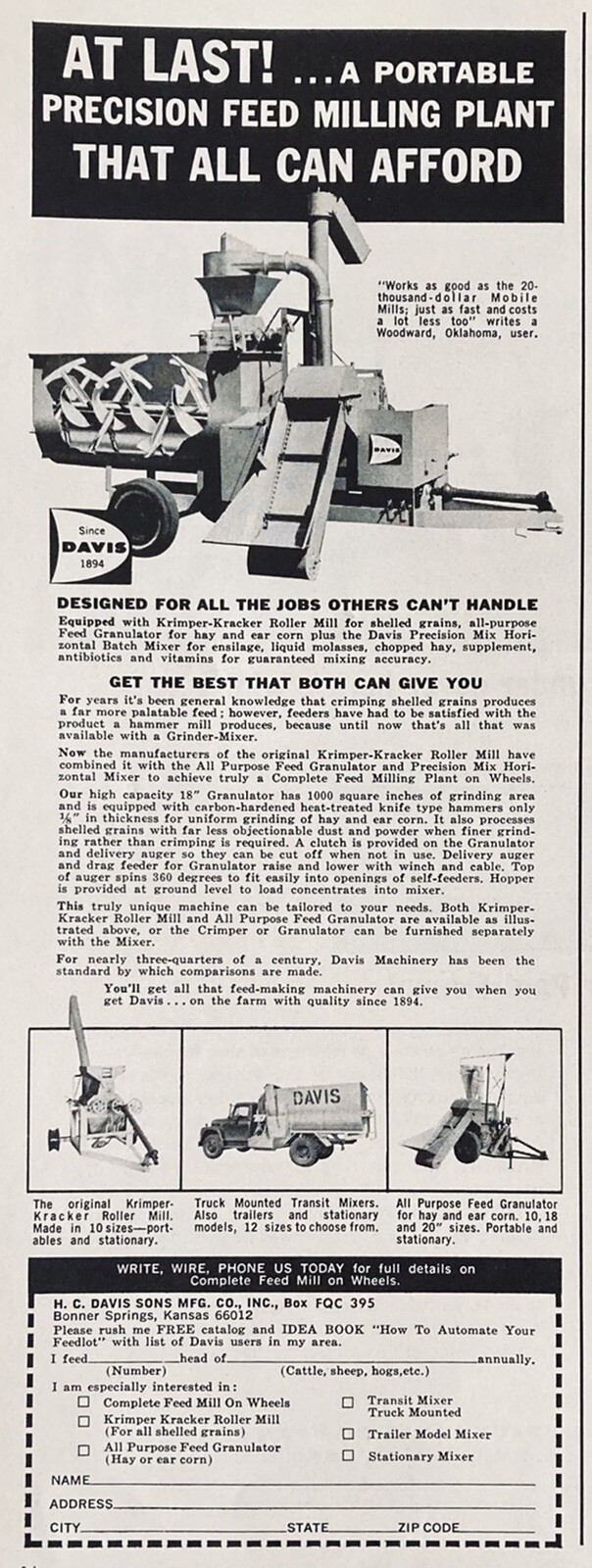 1965 AD.(XH48)~H.C. DAVIS MFG. CO. BONNER SPRINGS, KS. PORTABLE MILLING PLANT