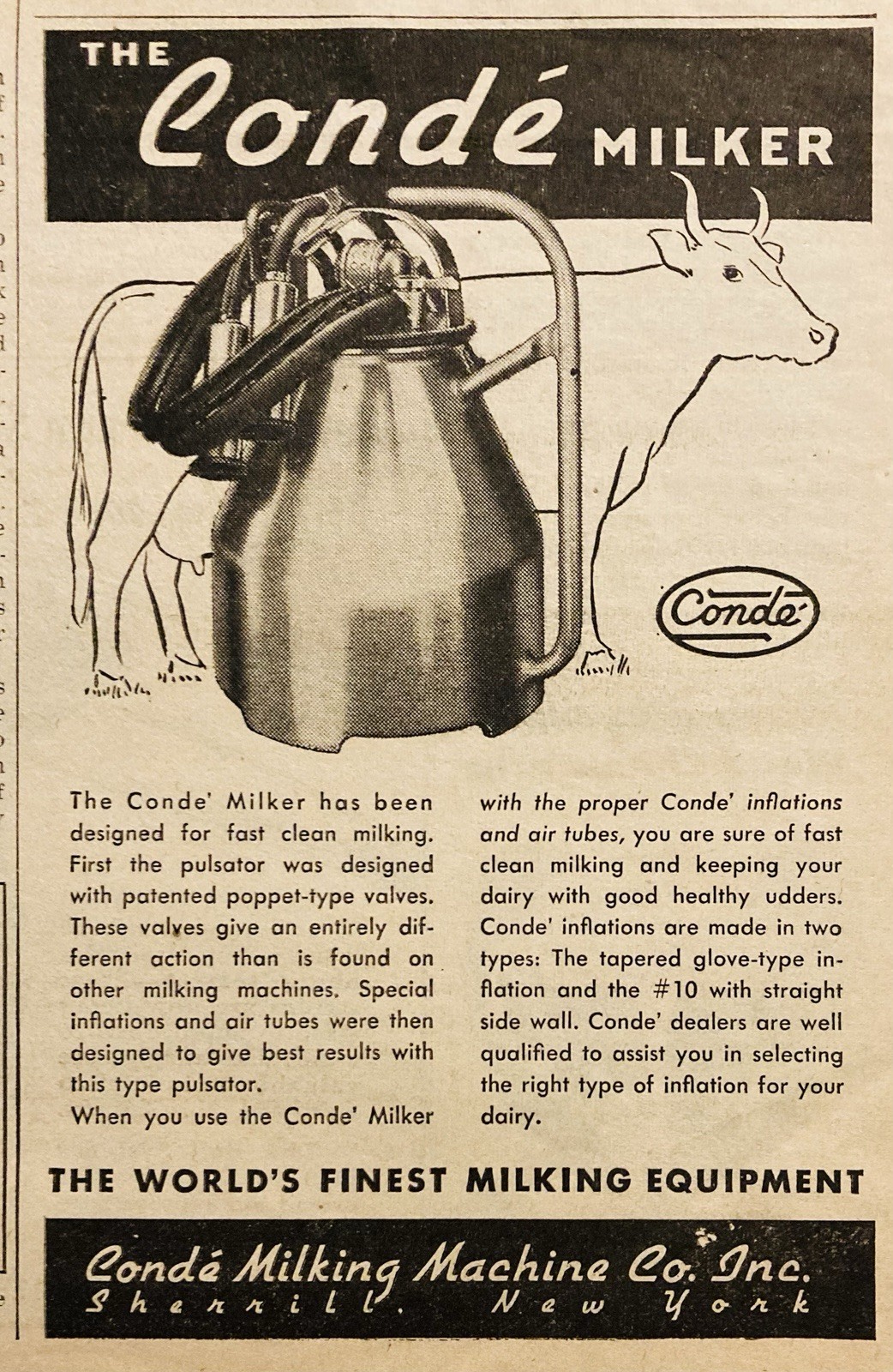 1946 AD.(PC9)~CONDE MILKING MACHINE CO. SHERRILL, NY. THE CONDE MILKER