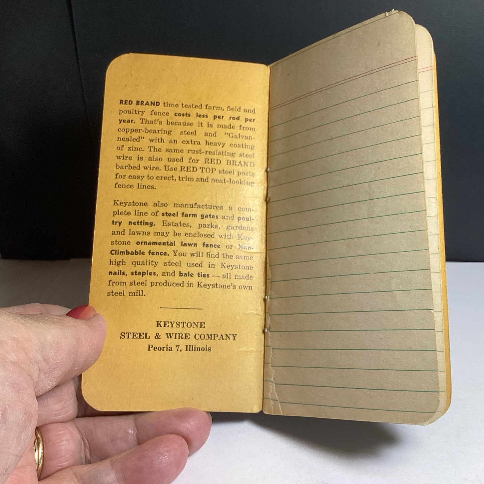 RED BRAND FENCE POCKET NOTEBOOK KEYSTONE STEEL & WIRE CO PEMBERVILLE OH ELEVATOR
