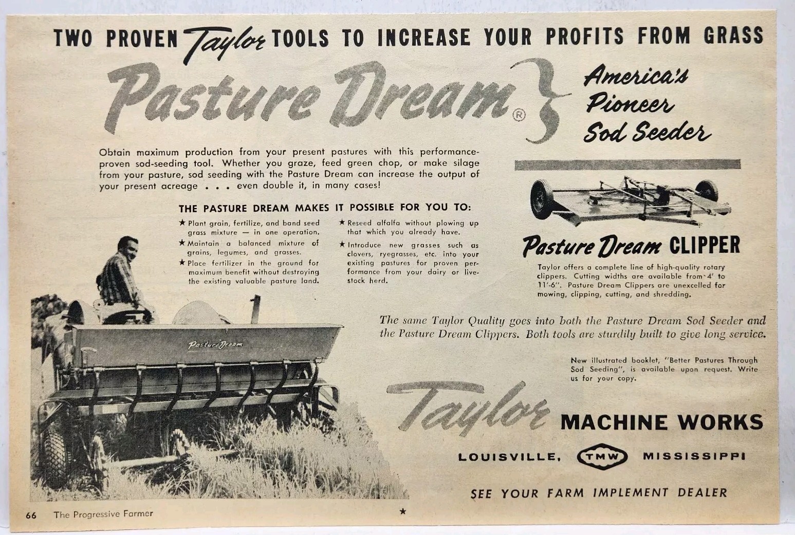 1959 Taylor Machine Pasture Sod Seeder Dream Clipper Farm Print Ad Louisville MS