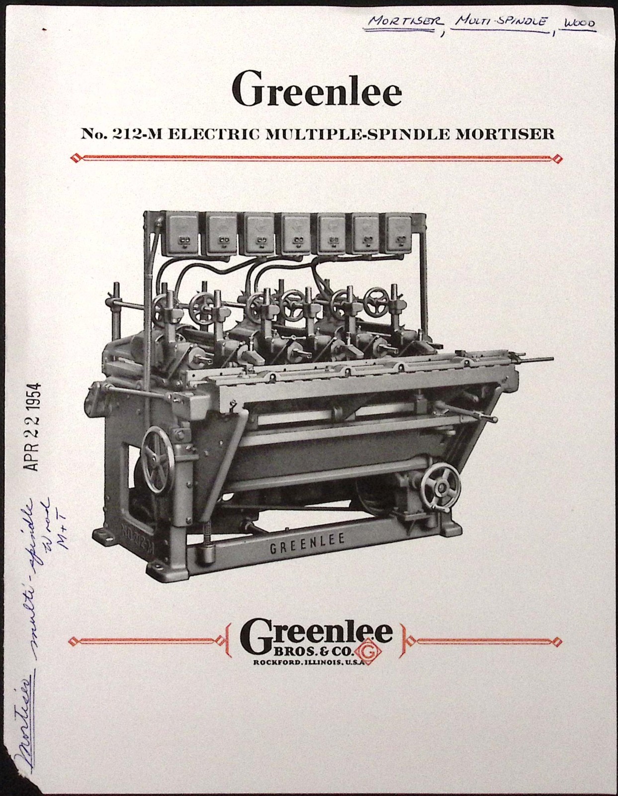 1954 Greenlee No.212-M Electric Multiple Spindle Mortiser Brochure Greenlee Bros
