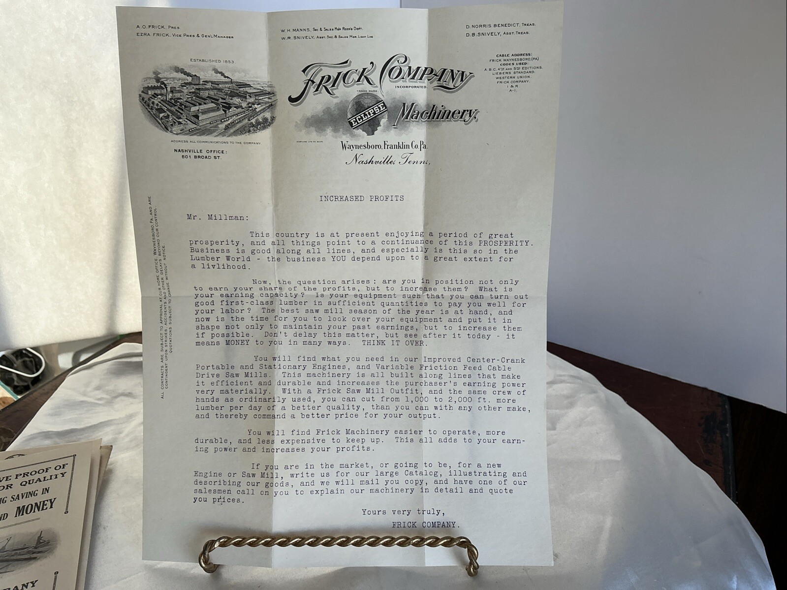 Frick Company Eclipse Machinery Nashville Tn 1913 Advertising Brochure & Letter