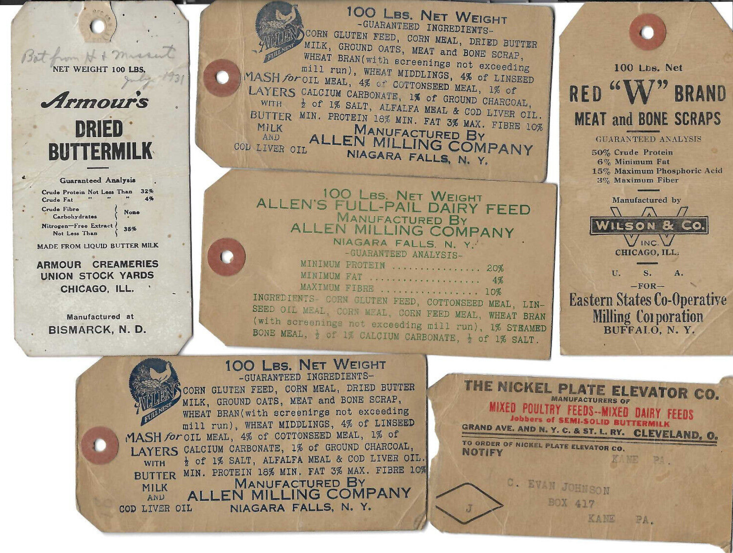 8 VTG 1930s ANIMAL FEED LABELS! FOR POULTRY & DAIRY! BONE MEAL/DRIED BUTTERMILK!