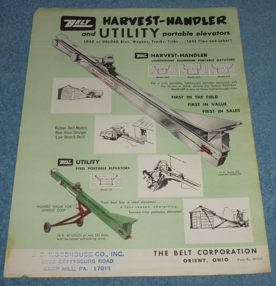 Lot of 3 Vintage Belt Corp Harvest-Handler Utility Portable Elevators Brochures
