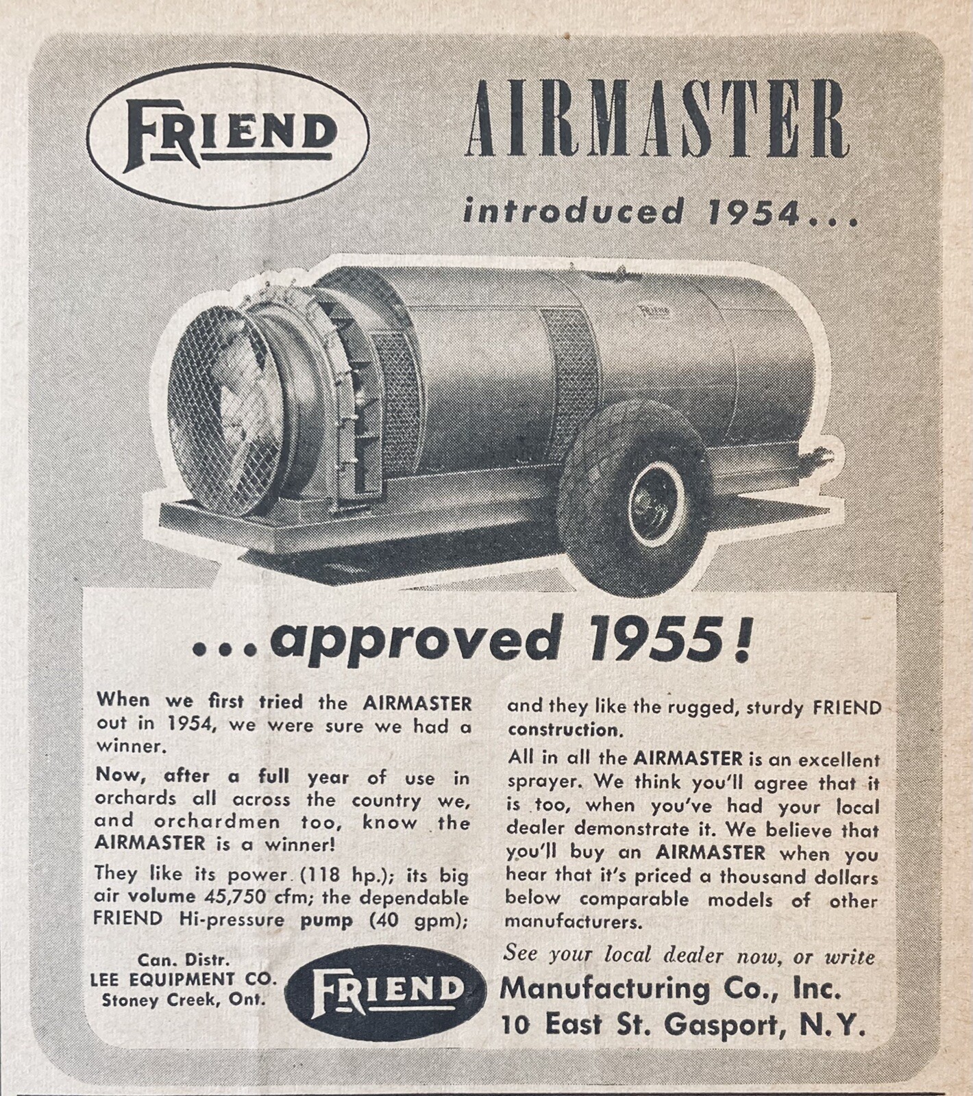 1955 AD.(XG14)~FRIEND MFG. CO. GASPORT, NY. AIRMASTER ORCHARD SPRAYER PUMP