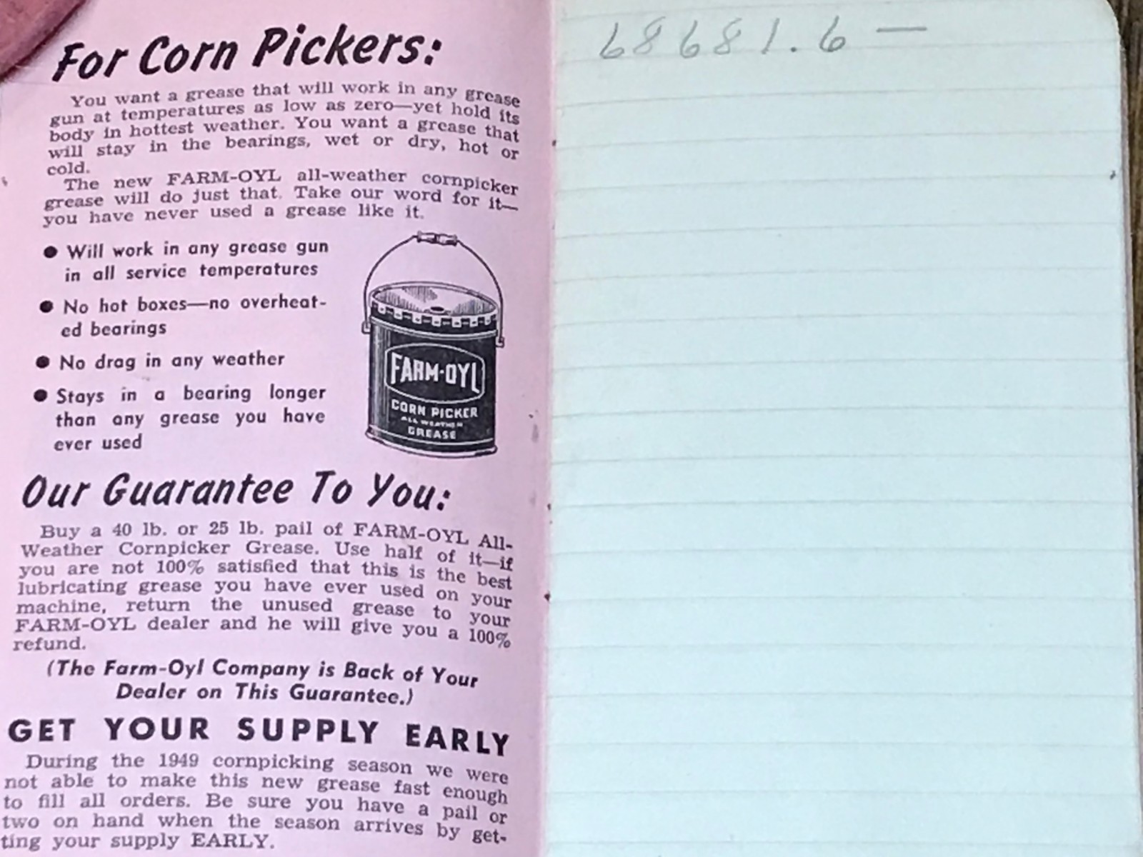 1950 Farm-Oyl Engineered Tractor Lubrication, Hein Imp. Co. Ad Notebook Calendar