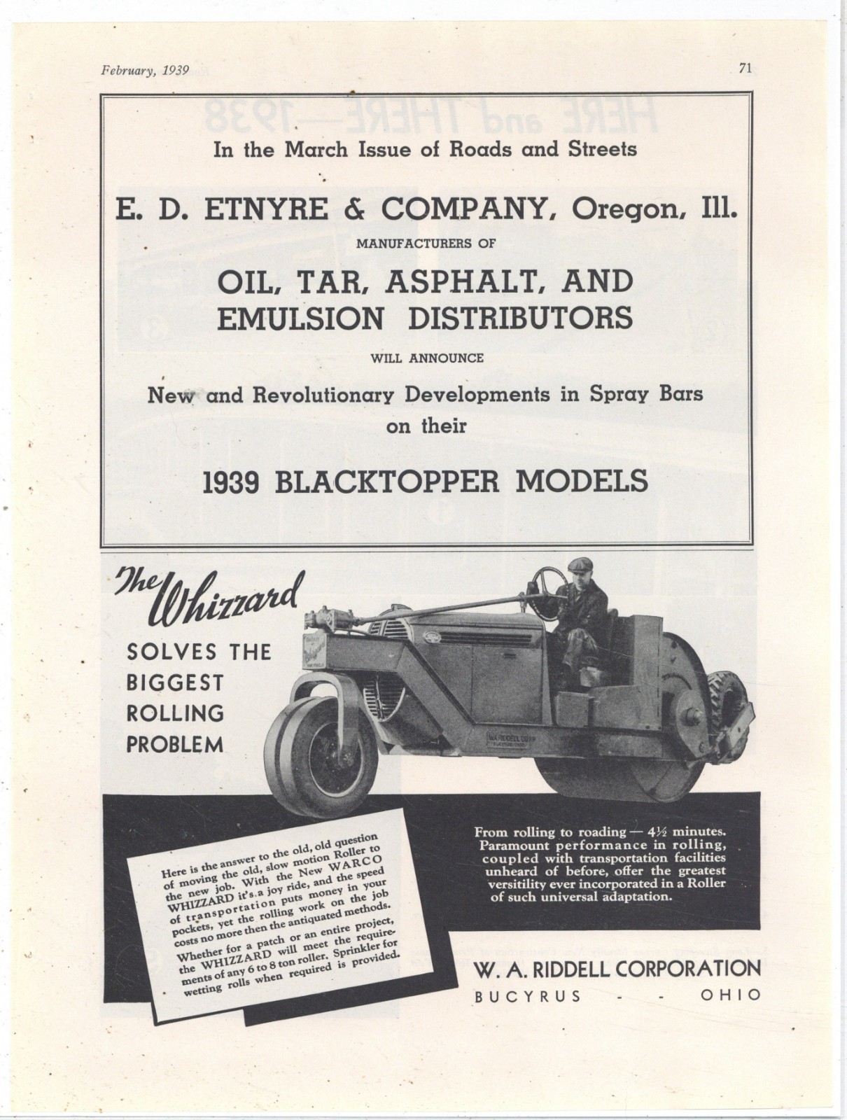 1939 W.A. Riddell Co. of Bucyrus, OhiO: WARCO Whizzard Roller in 6-8 Ton Size