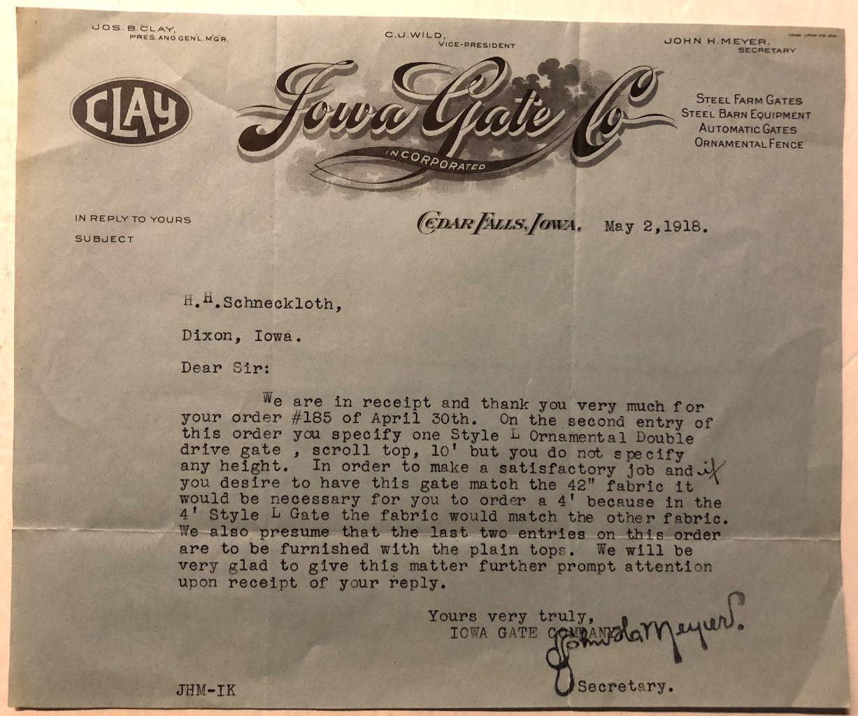 Iowa Gate Co. Farm Gates, Barn Equipment, Fencing 1918 Letter Cedar Falls, Iowa
