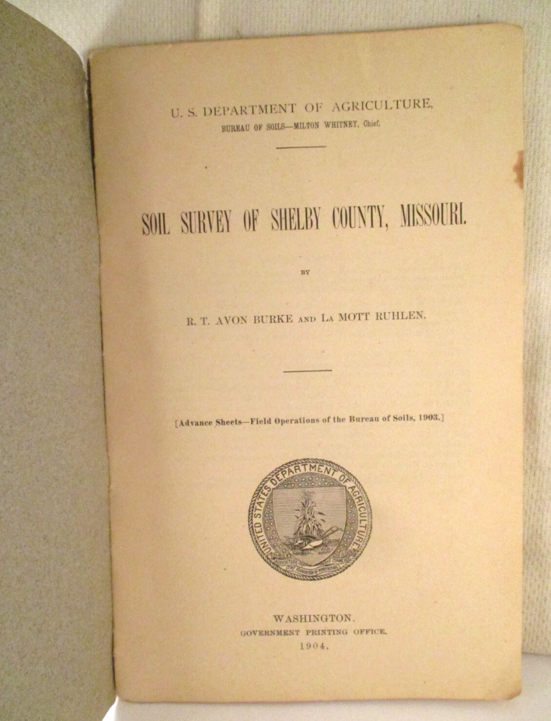 Early 1900&rsquo;s US DEPT AGRICULTURE SOIL SURVEY SHELBY COUNT MISSOURI BOOKLET/MAP