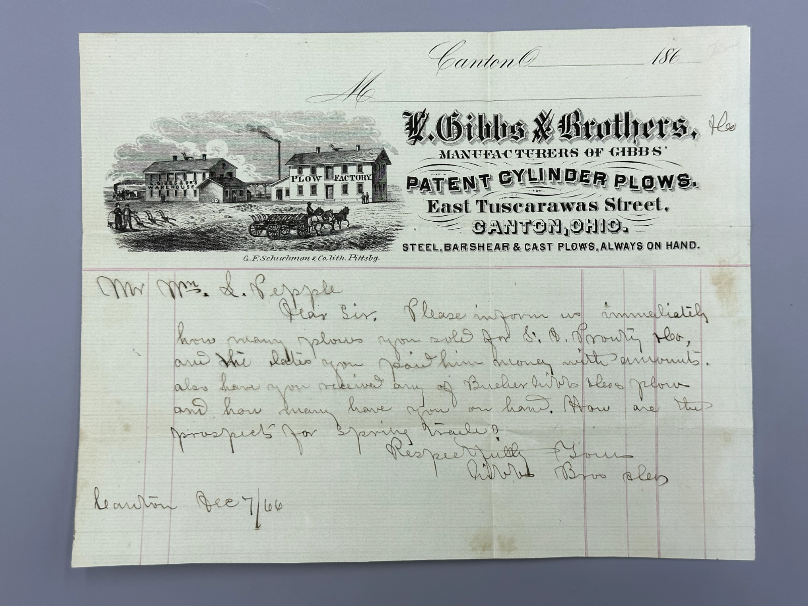 1866 Bucher GIBBS BROTHERS PLOWS Farm Advertising Letterhead CANTON OHIO Antique