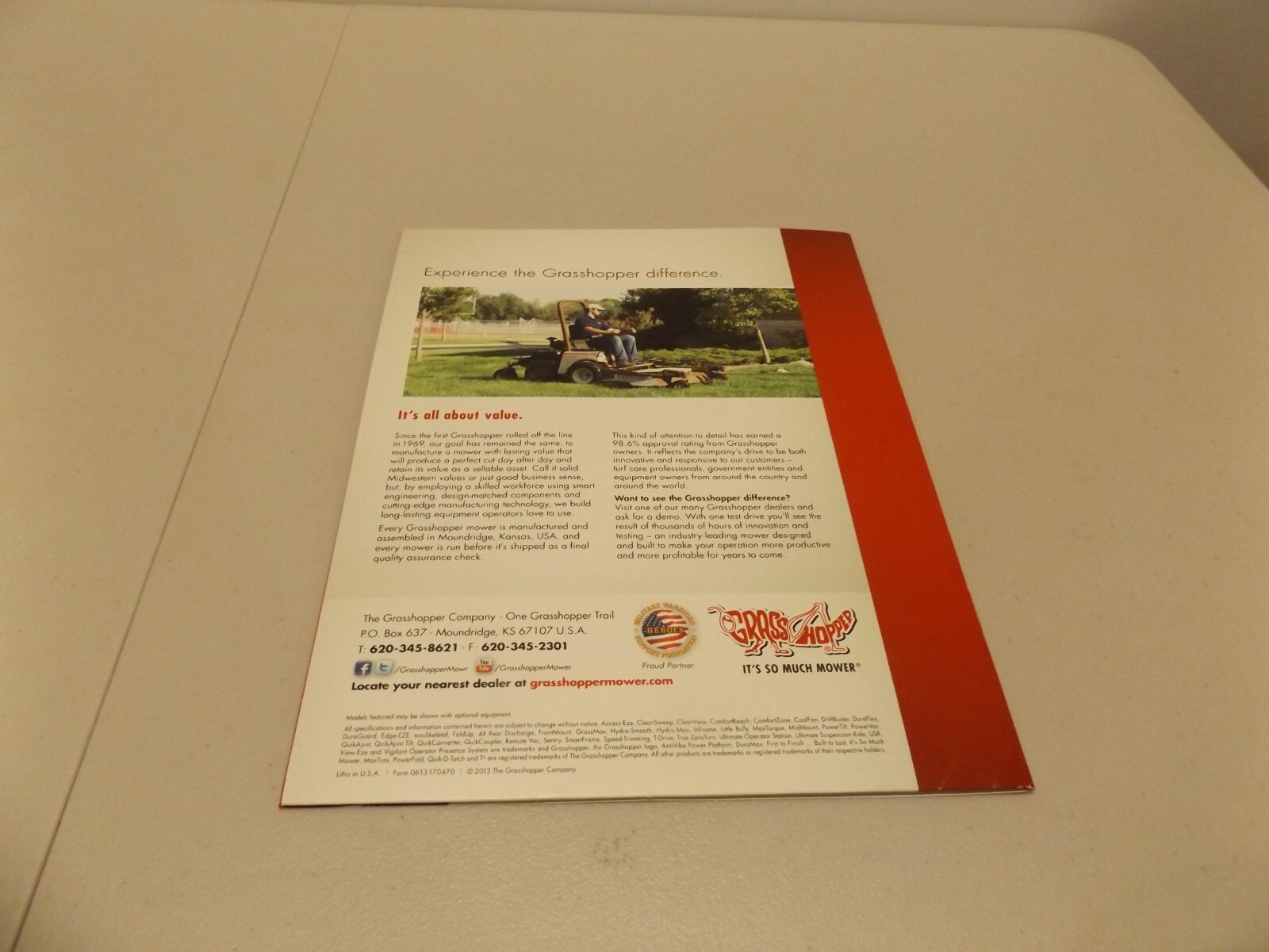 GRASSHOPPER TRUE ZeroTurn COMMERCIAL MOWERS, LIT # 0613-170470 2013