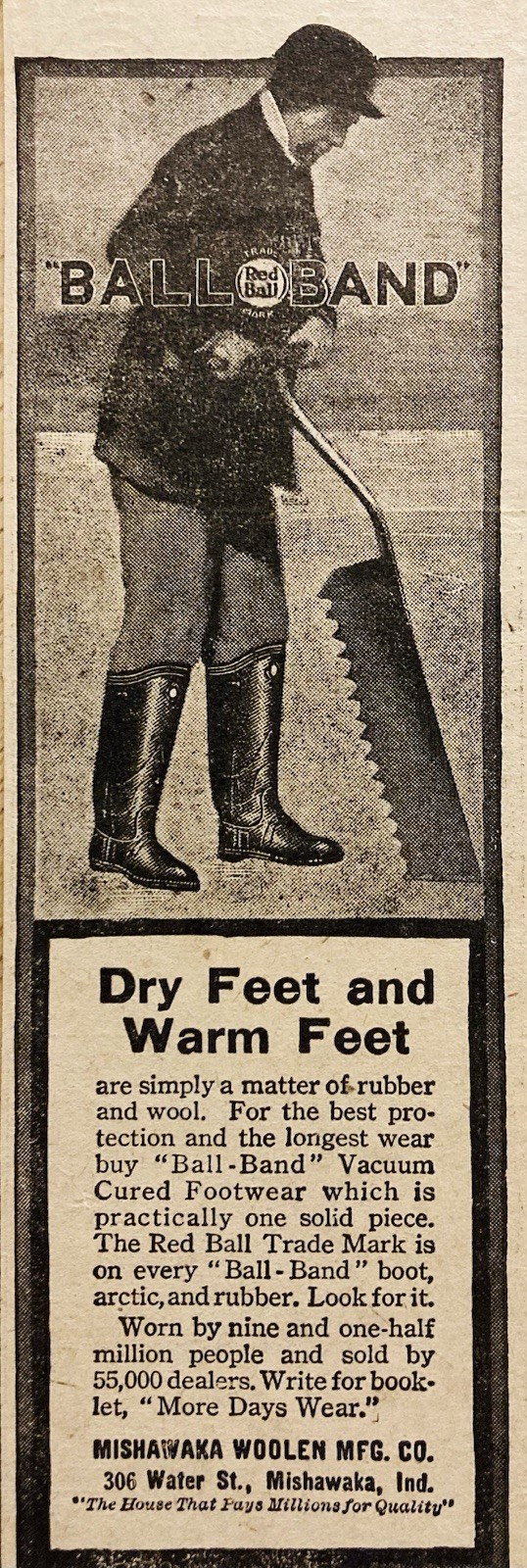 1918 AD.(PC9)~MISHAWAKA WOOLEN CO. IND. “BALL-BAND” FOOTWEAR