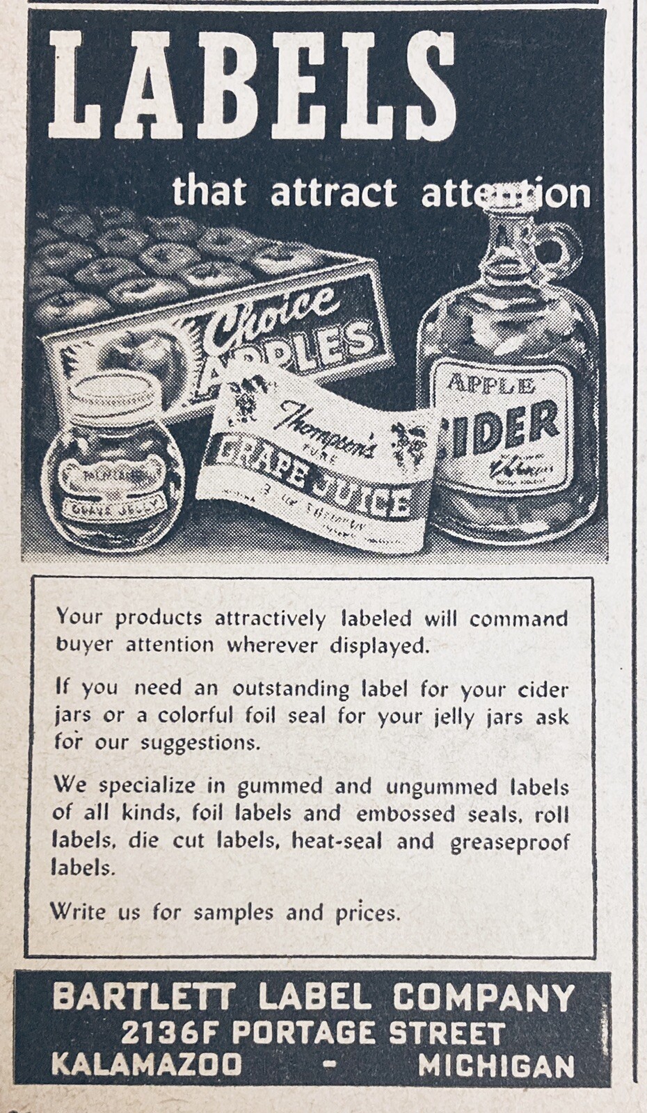 1955 AD.(XF23)~BARTLETT LABEL CO. KALAMAZOO, MI. FRUIT BOX JAR LABELS