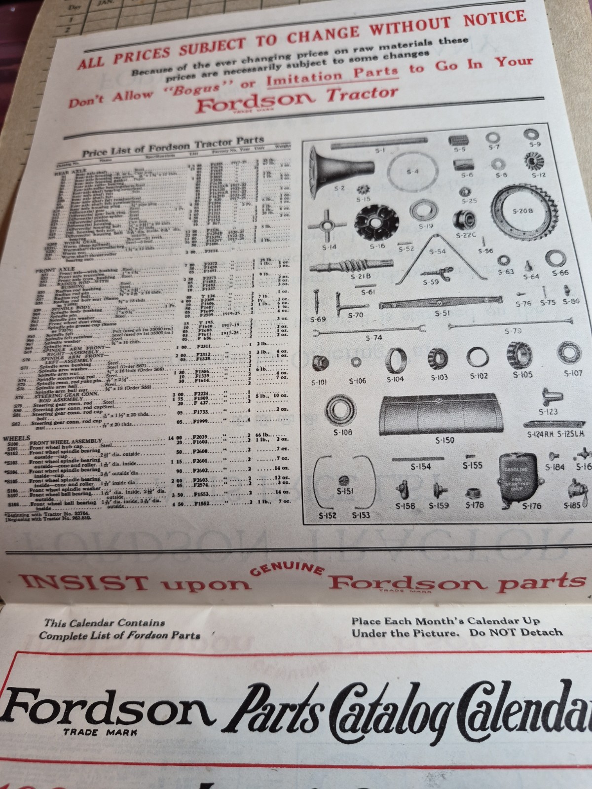 RALPH FULTON FORDSON TRACTOR CALENDAR AND PARTS LIST VINTAGE 100 Years Old! 1926