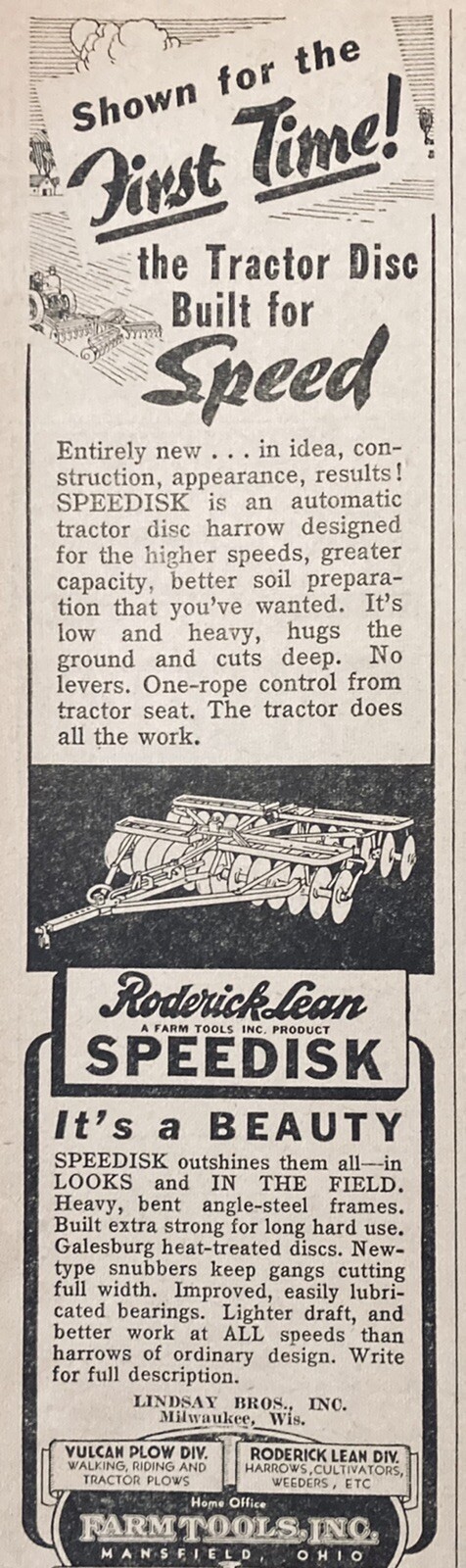 1938 AD.(XH18)~FARM TOOLS, INC. MANSFIELD, OHIO. RODERICK LEAN SPEEDISK HARROW