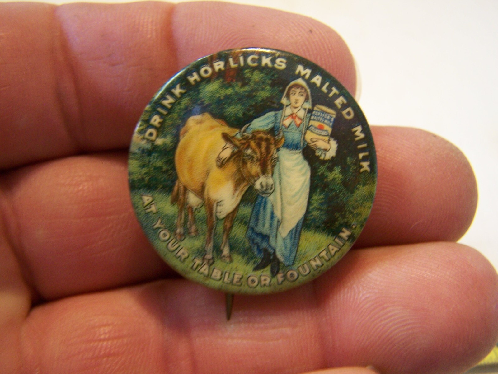 HORLICK&rsquo;S MALTED MILK Celluloid Pinback Farm Dairy Jersey Cow Whitehead Hoag