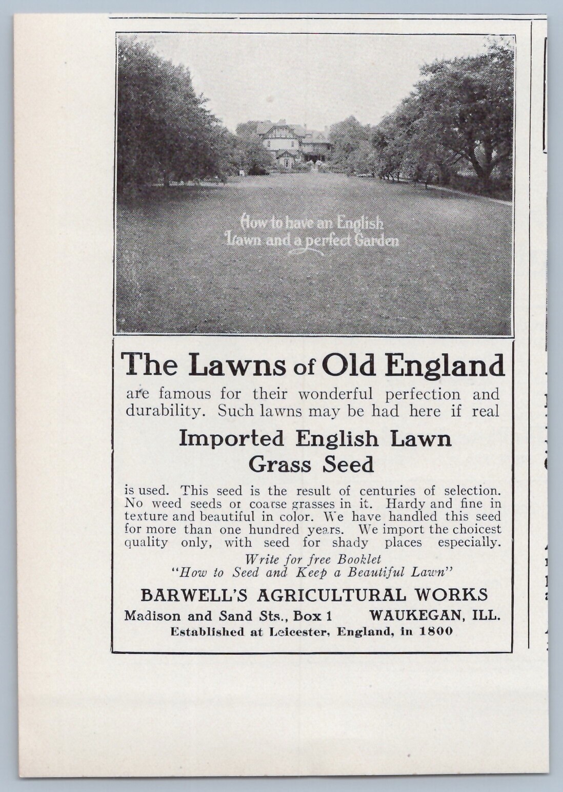 1914 Barwells Agricultural Works Vintage Ad Imported English Lawn Grass Seed