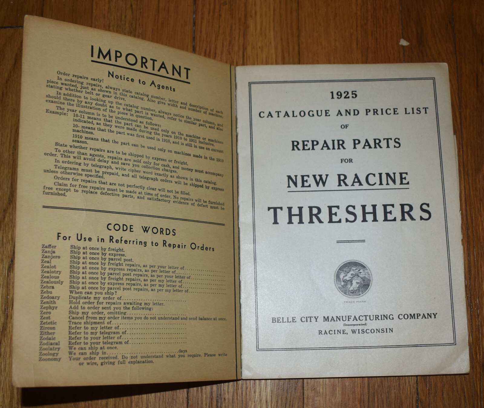 Vintage 1936 Repair Part Farm Catalog Book New Racine Threshers Thresher Machine
