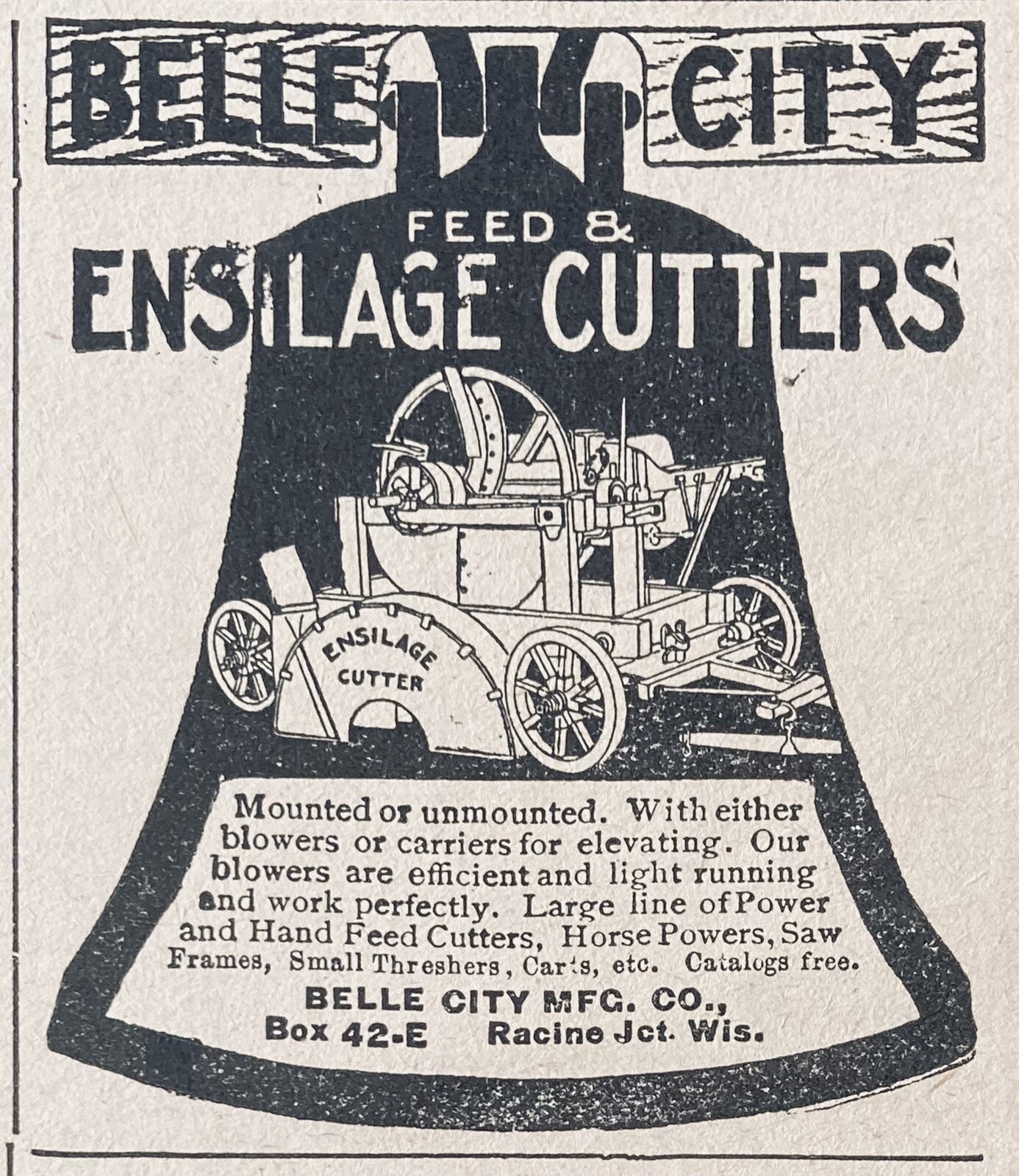 1905 AD.(XH28)~BELLE CITY MFG. CO. RACINE JCT. WIS. BELLE CITY ENSILAGE CUTTERS