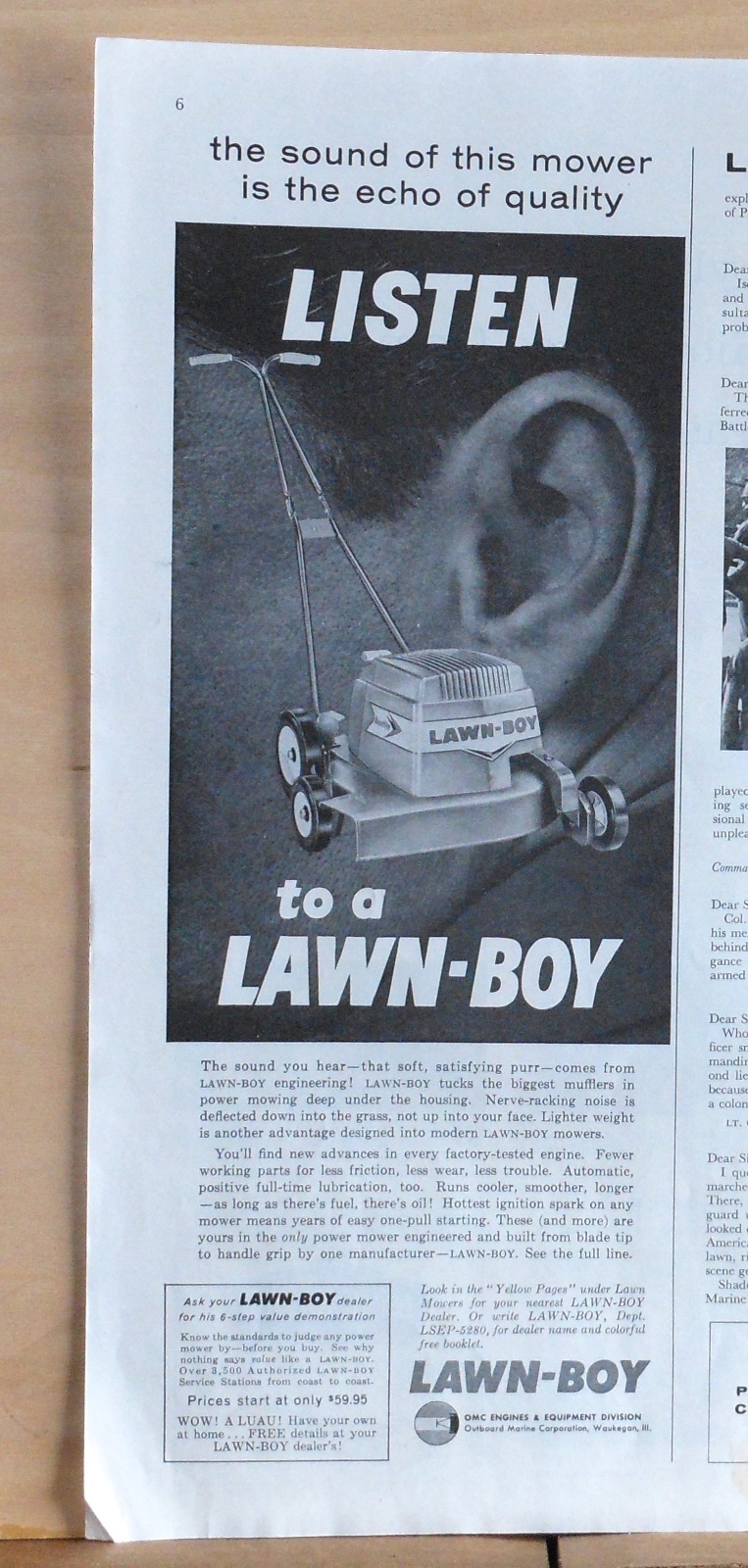 1960 magazine ad for Lawn-Boy lawn mowers – Sound of mower Echo of Quality
