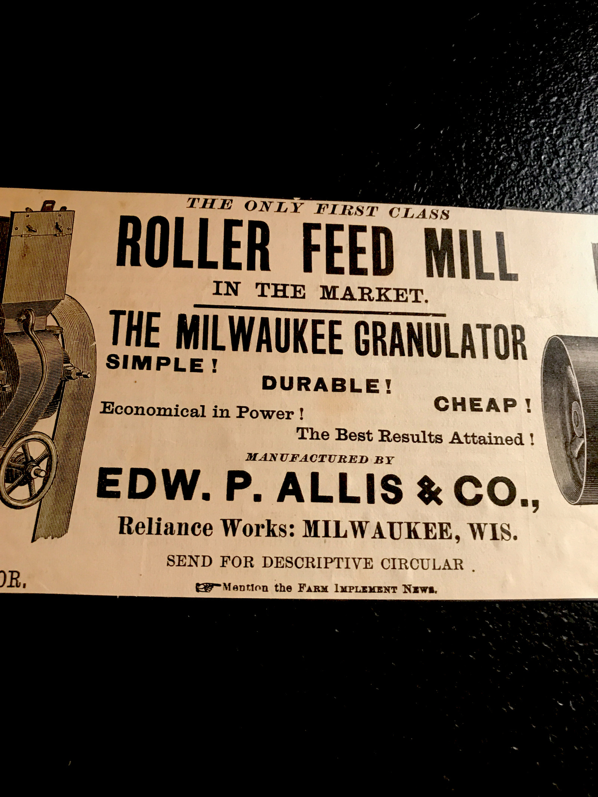 1886 Allis Farm Co. Feed Mill Engraving Advertising – Milwaukee – Wisconsin