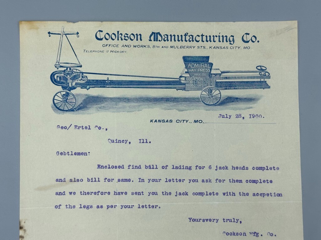 1900 Cookson ADMIRAL HAY Press FARM Advertising Letterhead Antique KANSAS CITY