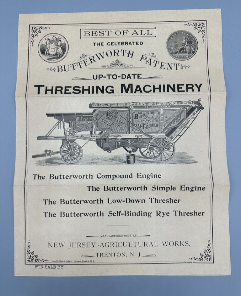 1890s BUTTERWORTH THRESHING MACHINE Farm ENGINE Advertising TRENTON NJ Antique