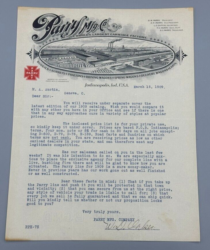 1909 PARRY CARRIAGE Letter Invoice Ephemera INDIANAPOLIS Advertising