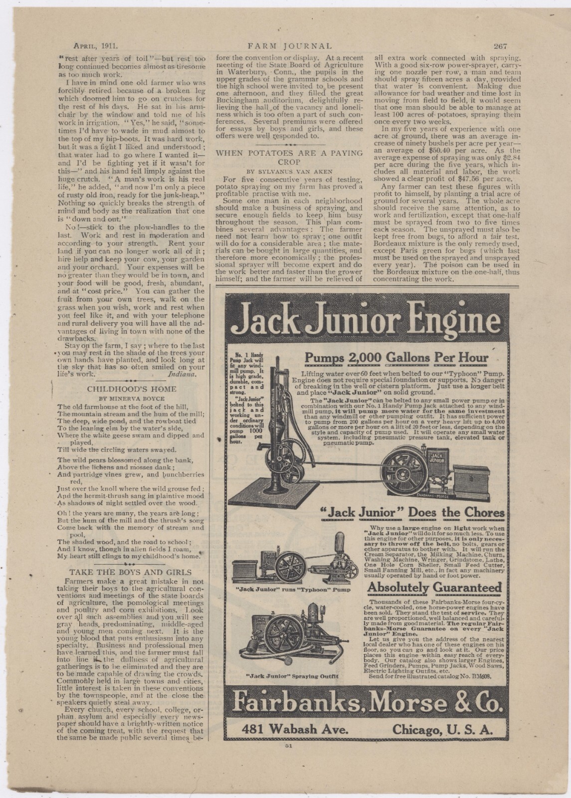 1911 Fairbanks, Morse Ad: Jack Junior Engine – Handy Pump Jack, Typhoon Pump