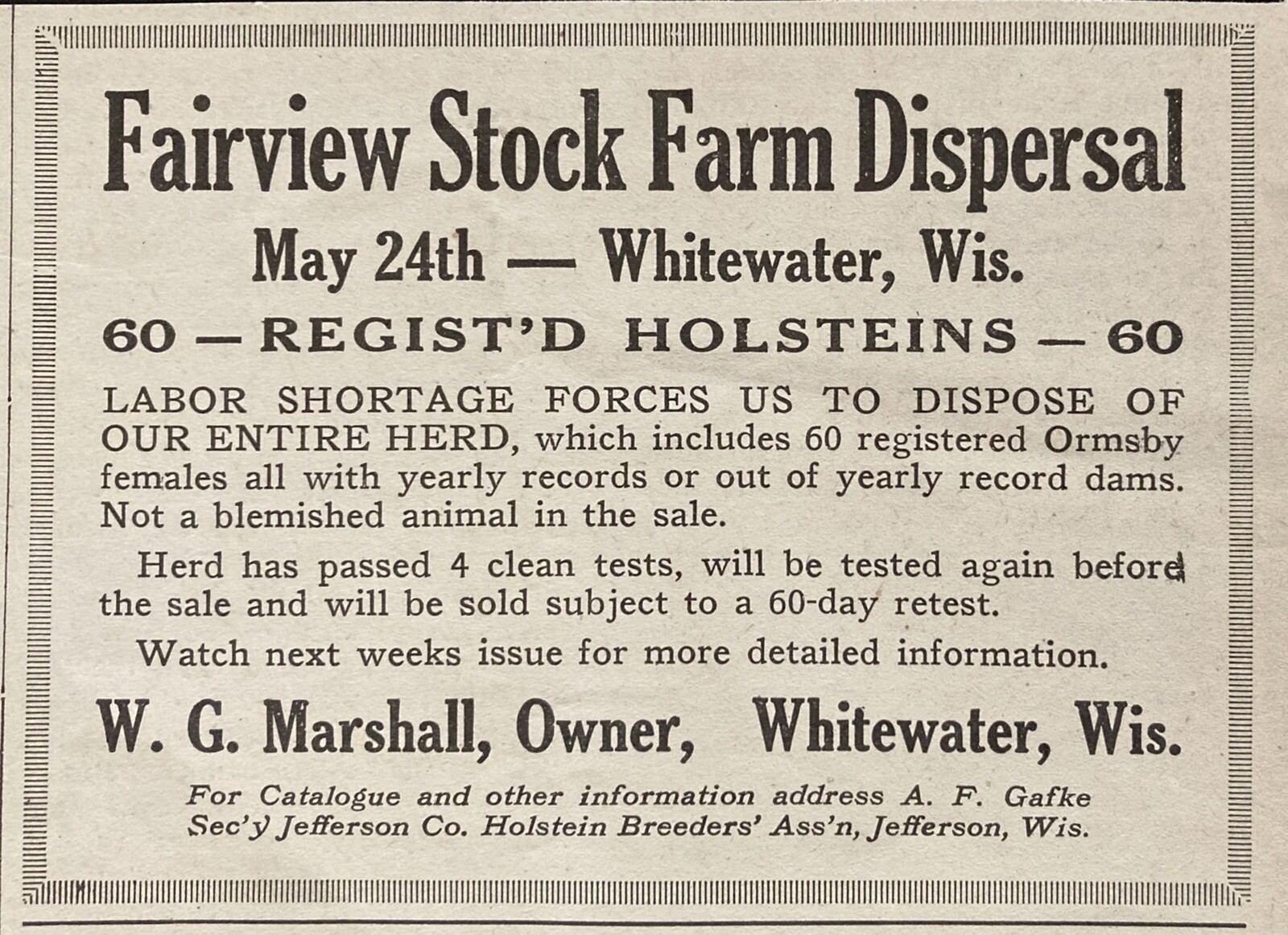 1923 AD.(XH22)~FAIRVIEW STOCK FARM DISPERSAL SALE, WHITEWATER, WISC.