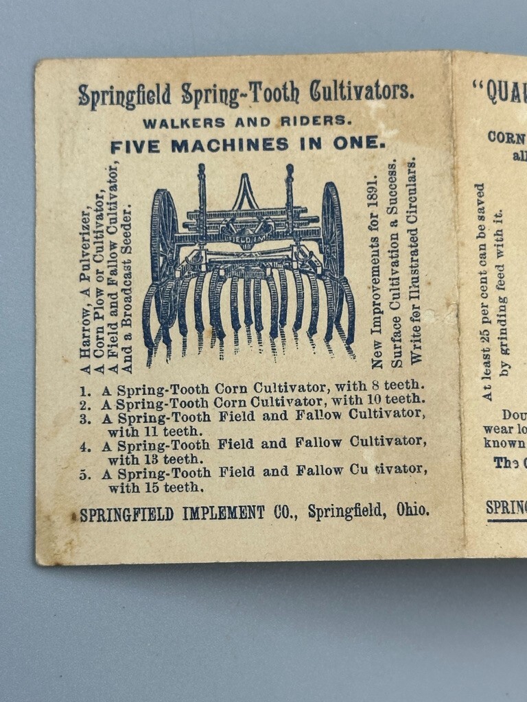 1890 SPRINGFIELD Ohio Implement FARM Advertising ECLIPSE Trade Card QUAKER CITY