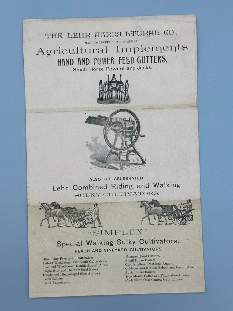 c 1900 Lehr Agricultural KETTLE CALDRON Cultivator Farm Advertising FREMONT OH