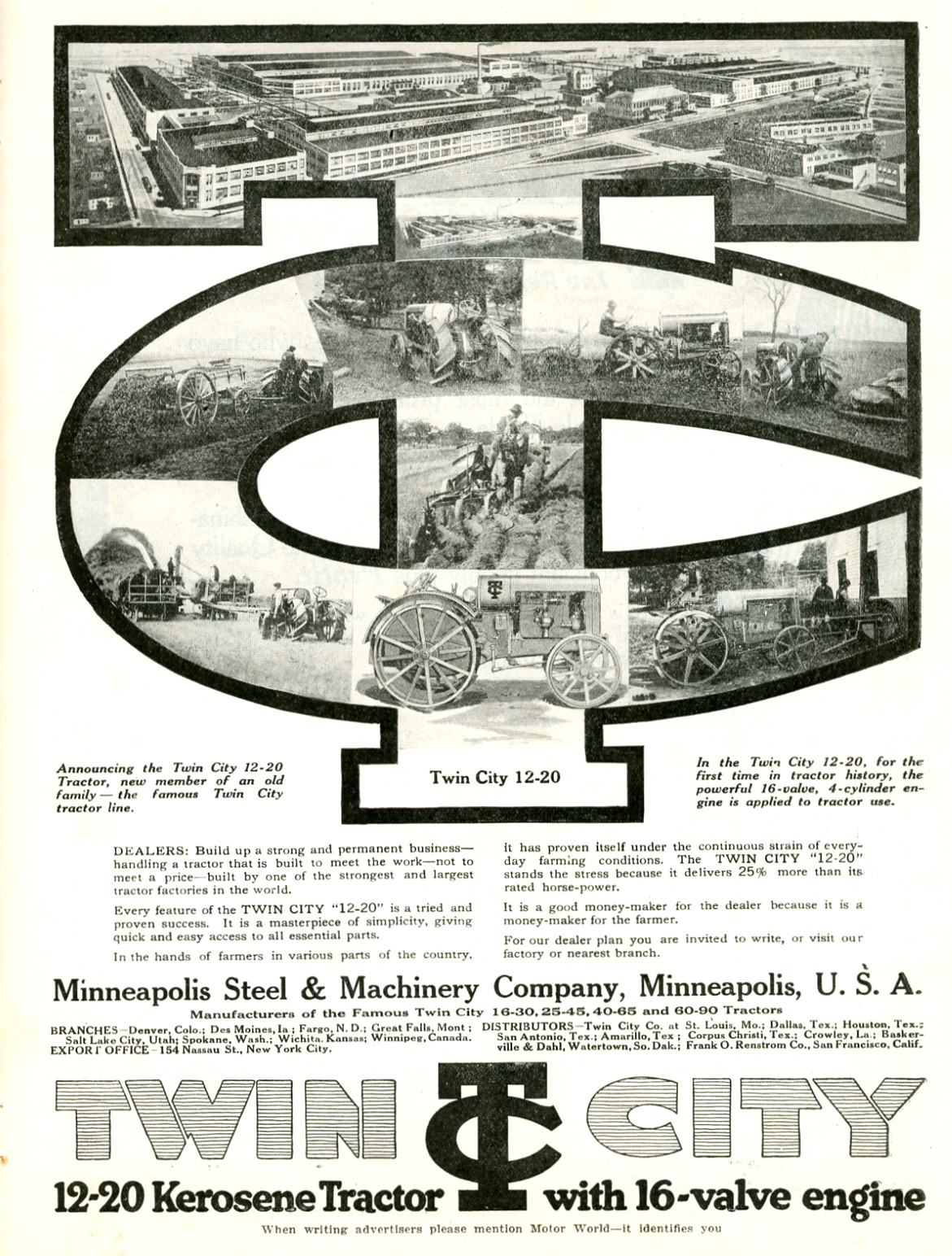 1919 Original Twin City 12-20 Kerosene Tractor Ad. 16 Valve, 4-Cylinder Engine