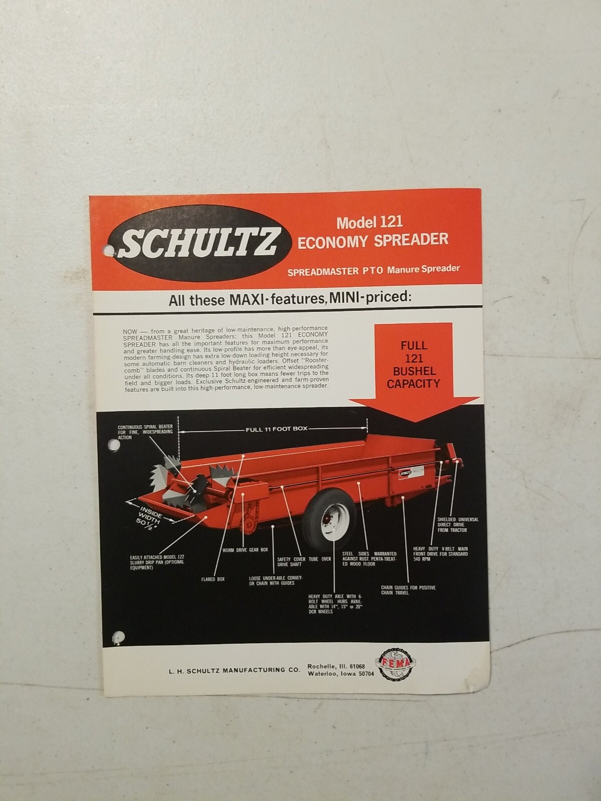 Vintage 1970 L.H. SCHULTZ Mfg Co GENERAL MANURE SPREADER Model 121 Spec Sheet